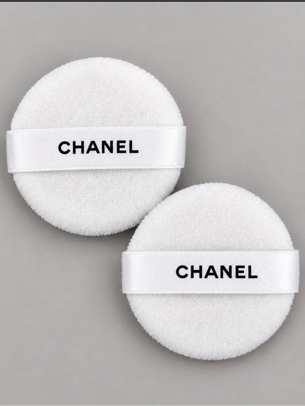 CHANEL Authentic White Powder Puffs Set of 2 Logo Ribbon New